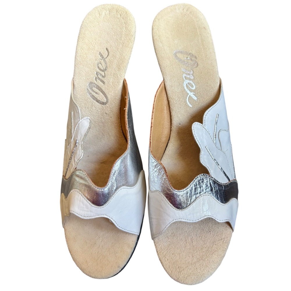 Onex Womens Size 8 Italian‎ Made Metallic Leather Wedge Slide Sandals Y2K